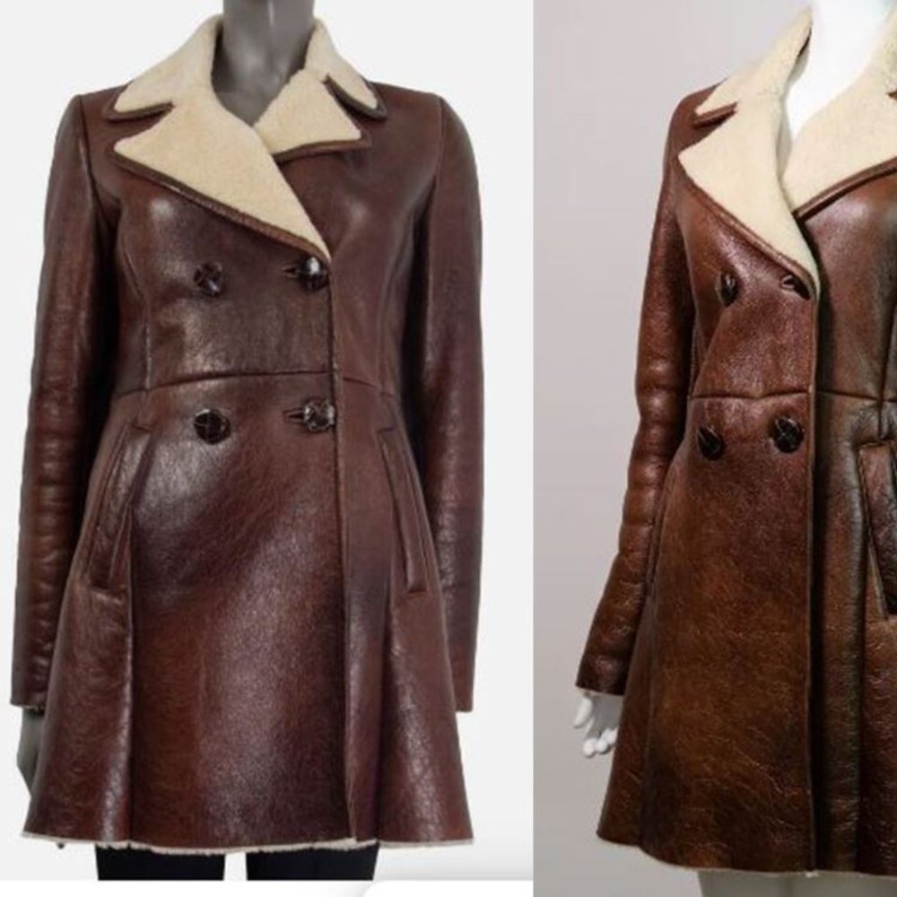 Prada Brown Shearling Pea coat size 48 (M, US 8), Vintage Leather, Authentic